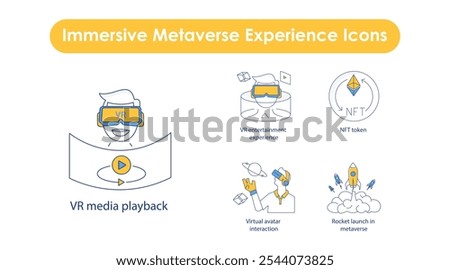 Immersive Metaverse Experience Icons: VR Entertainment, Rocket Launch, and Digital Assets.