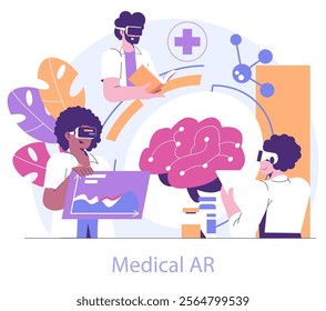 Immersive Reality concept. Medical students engage with augmented reality for interactive learning and brain study. Education technology integration. Vector illustration.
