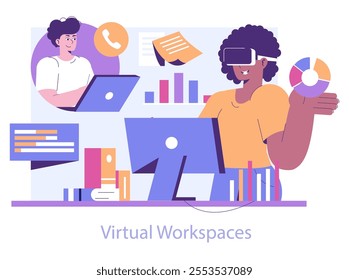 Immersive Reality concept. Professionals engaging in virtual workspaces with advanced technology. Remote collaboration through VR interface. Vector illustration.