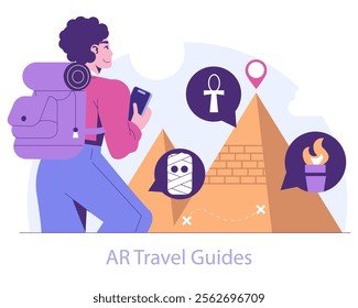 Immersive Reality concept. A traveler uses AR technology to explore landmarks, enhancing the journey with virtual guides. Vector illustration.