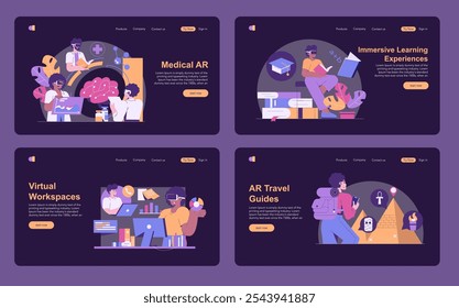 Immersive Reality set. Applications of AR in medicine, learning, workspaces, and travel. Engaging users interactively in various scenarios. Vector illustration.