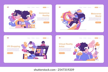 Immersive Reality set. Dive into digital worlds through virtual experiences. VR gaming, metaverse exploration, shopping and artistry. Vector illustration.