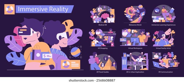 Immersive Reality set. Diverse applications of VR and AR in daily life and professions. Healthcare, shopping, art, and virtual workspaces. Vector illustration.