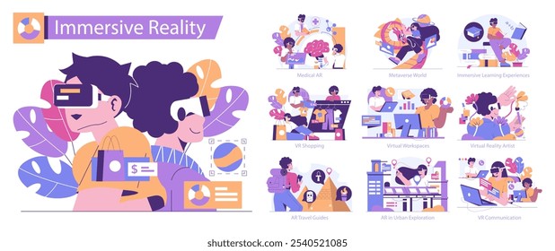 Immersive Reality set. Exploring various virtual reality applications from medical to art. Diverse scenes of AR in daily life and futuristic settings. Vector illustration.