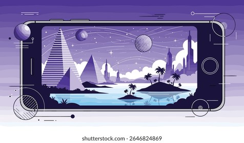 Immersive Sci Fi Landscape Displayed on a Futuristic Mobile Device Screen Showcasing an Alien World with Futuristic Architecture and Tropical Islands Under a Starry Sky