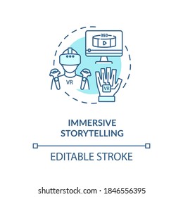 Immersive storytelling concept icon. Virtual reality technology. Market tendency. Digital marketing strategy idea thin line illustration. Vector isolated outline RGB color drawing. Editable stroke