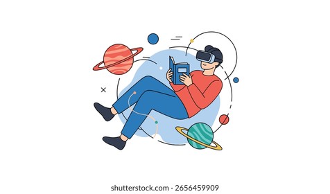 Immersive virtual reality experience exploring futuristic digital worlds and interstellar exploration