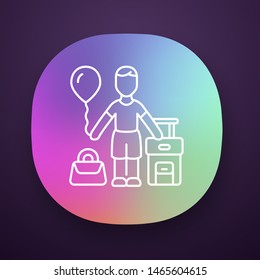 Immigrant child app icon. Kid travel abroad. Holiday, tourism. Traveler with air balloon, carry on handbag and suitcase. UI/UX user interface. Web or mobile application. Vector isolated illustration