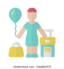 Immigrant child flat design long shadow blue color icon. Kid travel abroad. Tourist trip. Holiday, tourism. Traveler with air balloon, carry on handbag and suitcase. Vector silhouette illustration