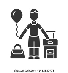 Immigrant child glyph icon. Kid travel abroad. Tourist trip. Holiday, tourism. Traveler with air balloon, carry on handbag and suitcase. Silhouette symbol. Negative space. Vector isolated illustration