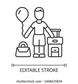 Immigrant child linear icon. Kid travel abroad. Traveler with air balloon, carry on handbag and suitcase. Thin line illustration. Contour symbol. Vector isolated outline drawing. Editable stroke