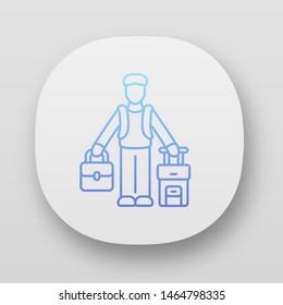 Immigrant man app icon. Refugee with suitcase and backpack. Travelling abroad. Solo trip, tourism. Immigration. UI/UX user interface. Web or mobile applications. Vector isolated illustrations