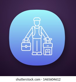 Immigrant man app icon. Refugee with suitcase and backpack. Travelling abroad. Solo trip, vacation, tourism. Immigration. UI/UX user interface. Web or mobile application. Vector isolated illustration