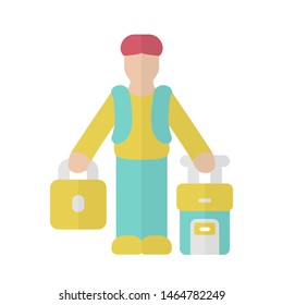 Immigrant man flat design long shadow yellow color icon. Refugee with suitcase and backpack. Travelling abroad. Solo trip, tourism. Travel equipment. Immigration. Vector silhouette illustration