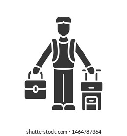 Immigrant man glyph icon. Refugee with suitcase and backpack. Travelling abroad. Solo trip, vacation, tourism. Travel equipment. Silhouette symbol. Negative space. Vector isolated illustration