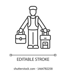 Immigrant man linear icon. Refugee with suitcase and backpack. Travelling abroad. Solo trip, vacation, tourism. Thin line illustration. Contour symbol. Vector isolated outline drawing. Editable stroke