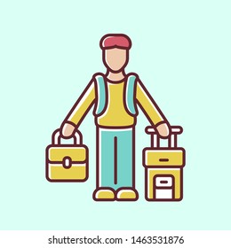 Immigrant man yellow color icon. Refugee with suitcase and backpack. Travelling abroad. Solo trip, vacation, tourism. Travel equipment. Immigration. Isolated vector illustration