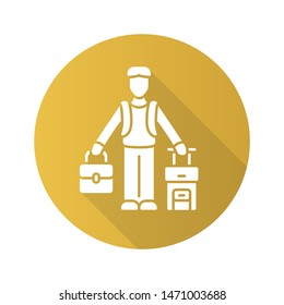 Immigrant man yellow flat design long shadow glyph icon. Refugee with suitcase, backpack. Travelling abroad. Solo trip, tourism. Travel equipment. Immigration. Vector silhouette illustration