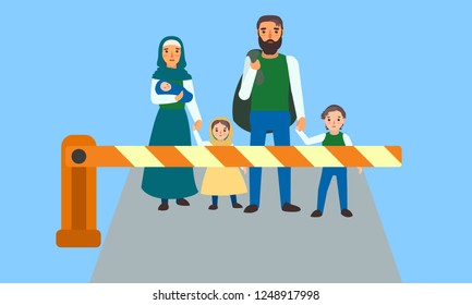 Immigrant people at border concept banner. Flat illustration of immigrant people at border vector concept banner for web design