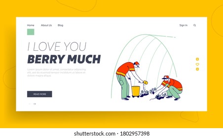 Immigrant or Volunteer Characters Care and Growing Strawberry Landing Page Template. Farm Workers in Uniform Planting Berries in Greenhouse for Abroad Distribution. Linear People Vector Illustration