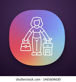 Immigrant woman app icon. Traveler, holidaymaker, passenger with handbag and suitcase. Travelling abroad. Tourist trip. UI/UX user interface. Web or mobile application. Vector isolated illustration