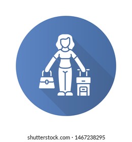 Immigrant woman blue flat design long shadow glyph icon. Traveler, holidaymaker, passenger with handbag and suitcase. Travelling abroad. Tourist trip. Holiday, tourism. Vector silhouette illustration