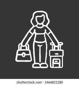 Immigrant woman chalk icon. Traveler, holiday maker, passenger with handbag and suitcase. Traveling abroad. Tourist trip. Immigration. Holiday, tourism. Isolated vector chalkboard illustration