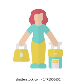 Immigrant woman flat design long shadow color icon. Traveler, holidaymaker, passenger with handbag and suitcase. Travelling abroad. Immigration, tourism. Vector silhouette illustration