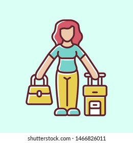 Immigrant woman yellow color icon. Traveler, holidaymaker, passenger with handbag and suitcase. Travelling abroad. Tourist trip. Immigration. Holiday, tourism. Isolated vector illustration