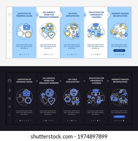 Immigrant workers rights onboarding vector template. Responsive mobile website with icons. Web page walkthrough 5 step screens. Migrant support light and dark concept with linear illustrations