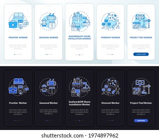 Immigrant workers types onboarding mobile app page screen with concepts. Migration walkthrough 5 steps graphic instructions. UI, UX, GUI vector template with linear night and day mode illustrations