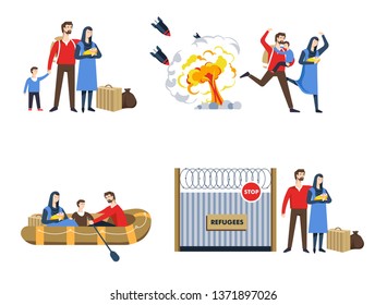 Immigrants refugees family war escape political shelter vector borderline fence and inflatable boat rockets explosion and baggage migration border crossing mother father child or son and newborn