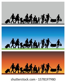 Immigrants silhouette with different backgrounds. The silhouette objects and backgrounds are in different layers. 