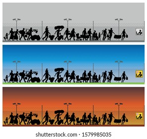 Immigrants silhouette in front of boundary wires. The silhouette objects and backgrounds are in different layers. 