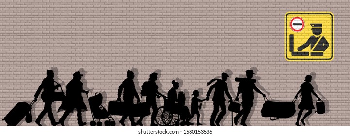 Immigrants silhouette in front of brick Wall. The silhouette objects and background are in different layers. 