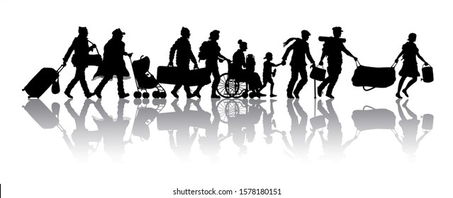 Immigrants silhouette. The silhouette objects, shadows and background are in different layers.