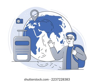 Immigrants standing concept. Young guy on background of globe with route, tourist and traveler with backpack on his back. Moving to other countries. Poster or banner. Cartoon flat vector illustration