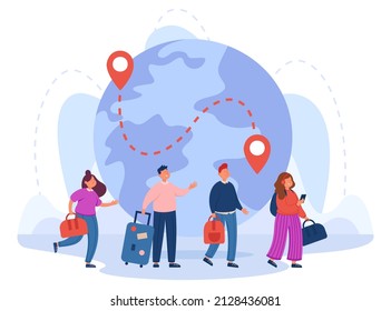 Immigrants standing in queue to check in for flight. Male and female tourists in background of globe with points of departure and arrival flat vector illustration. Immigration, travel concept