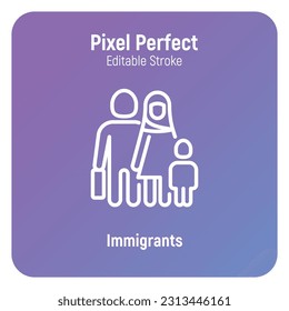 Immigrants thin line icon, family with child and suitcases. Pixel perfect, editable stroke. Modern vector illustration.