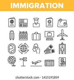 Immigration, Abroad Travel Vector Linear Icons Set. Immigration, Foreign Country Trip Outline Symbols Pack. International Airline, Travel Agency. Border Control Isolated Contour Illustrations