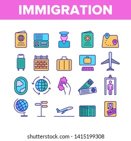 Immigration, Abroad Travel Vector Linear Icons Set. Immigration, Foreign Country Trip Outline Symbols Pack. International Airline, Travel Agency. Border Control Isolated Contour Illustrations