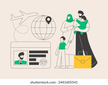 Ilustración de vector de concepto abstracto de inmigración. Movimiento internacional de personas, permiso de residencia, visa de trabajo, control de embarque, documentos de señalización, pasaporte, metáfora abstracta de la tarjeta verde.