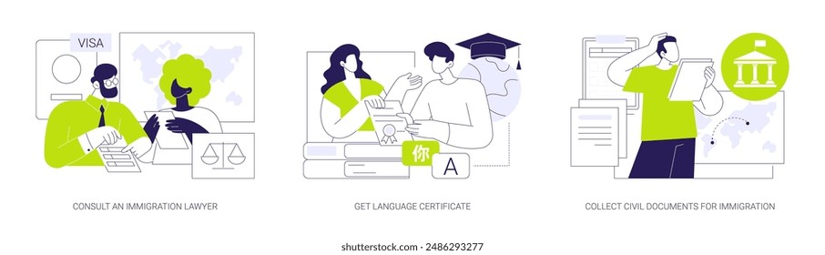 Immigration abstract concept vector illustration set. Consult an immigration lawyer, get language certificate, pass exam, collect civil documents for immigration application abstract metaphor.