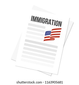 Immigration American visa contract, white  document with text and house icon the USA flag of red and blue. Concept of government programs, application agreements or us international family migration