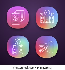 Immigration app icons set. Consulate building. Travel documents, security check. Trip equipment. Refugee, immigrant. UI/UX user interface. Web or mobile applications. Vector isolated illustrations