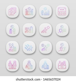 Immigration app icons set. Travel abroad. Trip planning, holiday vacation organization. Refugee help. Travel equipment. UI/UX user interface. Web or mobile applications. Vector isolated illustrations