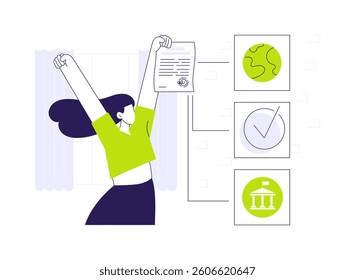 Immigration application approved abstract concept vector illustration. Immigrant holding approved application, embassy sector, citizen services, government industry abstract metaphor.