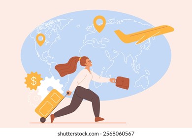 Immigration, brain drain, relocation with work visa. Tiny woman migrant running with suitcase to airport to travel, study or work in foreign country, big world map cartoon vector illustration