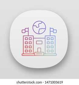 Immigration center app icon. Consulate building. UI/UX user interface. Administrative structure. Earth globe over public building. Web or mobile applications. Vector isolated illustrations