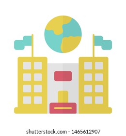 Immigration center flat design long shadow yellow color icon. Embassy and consulate building. Administrative governmental structure. Earth globe over public building. Vector silhouette illustration
